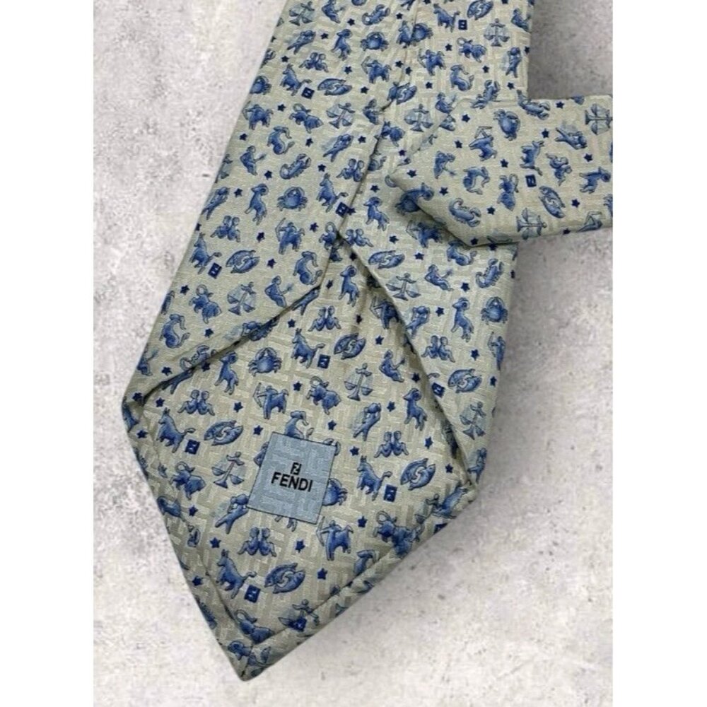FENDI Silk Tie ITALY Ivory Blue Horoscope W:3.5" EUC - Picture 6 of 7